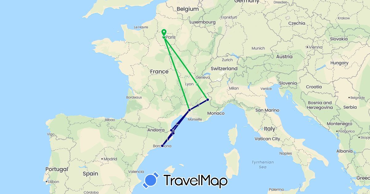 TravelMap itinerary: driving, bus in Spain, France (Europe)